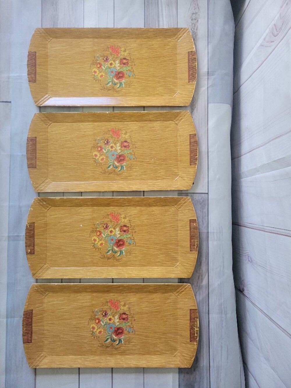 Vintage MCM Hasko Lithograph Paper TV Tray w/ Flowers, Lot of 4 wood trays